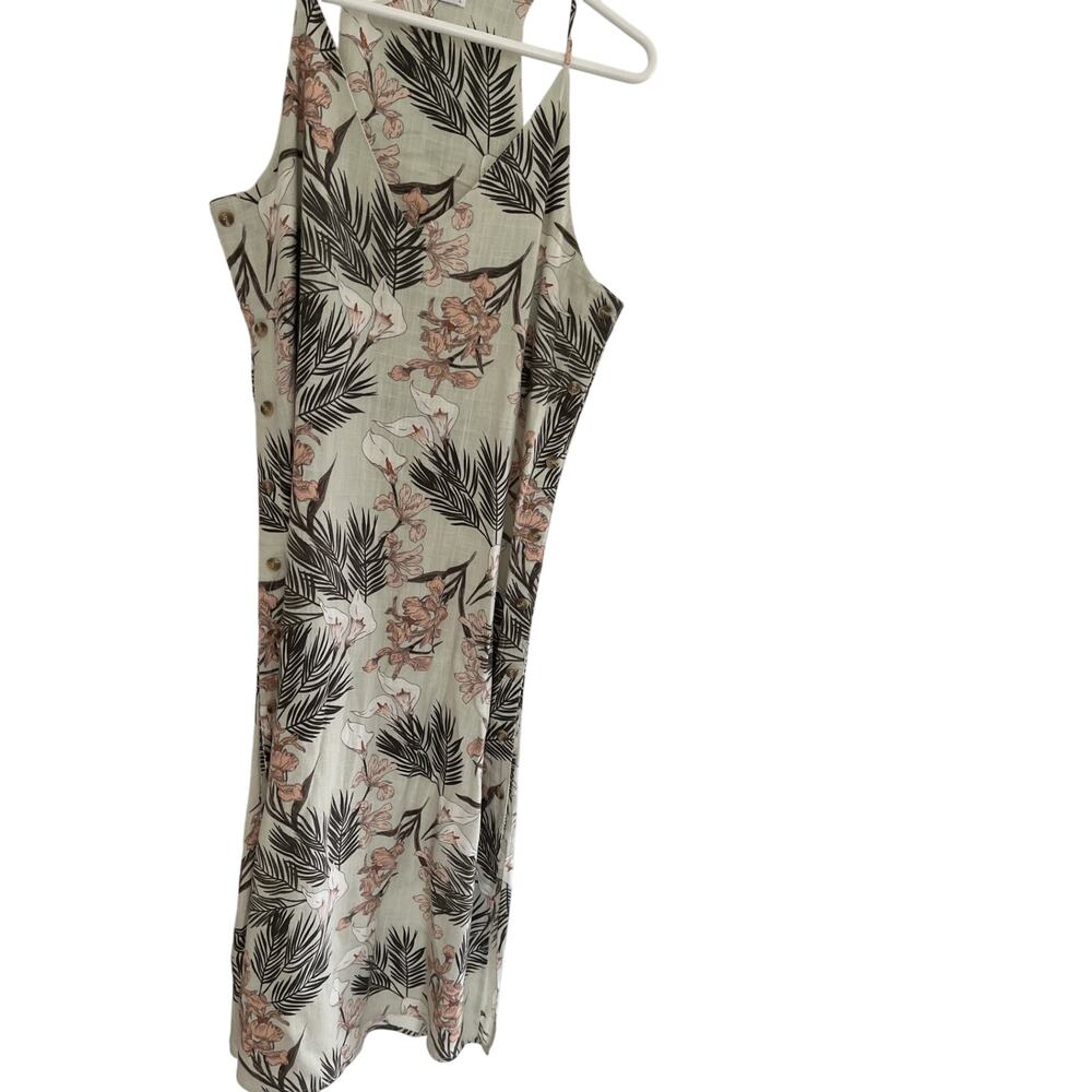 Linen Dress L Midi Strappy Floral Summer Resort Beach Coastal Wedding